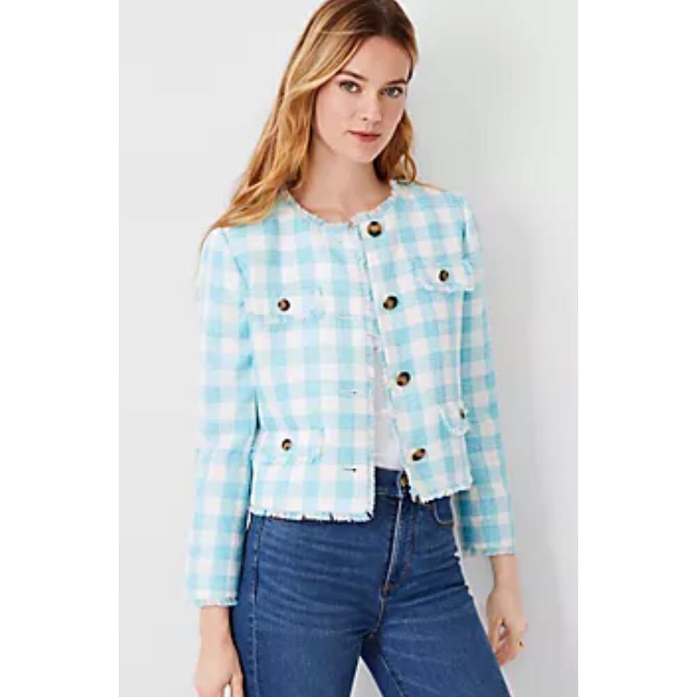 ANN TAYLOR Plaid Fringe Tweed Jacket In Aqua Pop Size 4